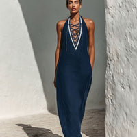 Women’s Navy Blue Linen-Blend Halter Neck Maxi Dress With Lace-Up Front & Contrast Trim MDZ2822D1T