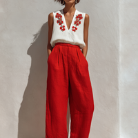 Women’s White Sleeveless Floral Embroidered Linen Top & Red High-Waisted Wide-Leg Pants Two-Piece Set MDZ2803D3T