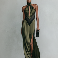 Women's Olive Green Satin Halter Maxi Dress With Keyhole Cutout & Chevron Detail, Timeless Formal Evening Gown MDZ2876D6LYL
