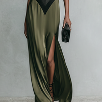 Women's Olive Green Satin Halter Maxi Dress With Keyhole Cutout & Chevron Detail, Timeless Formal Evening Gown MDZ2876D6LYL