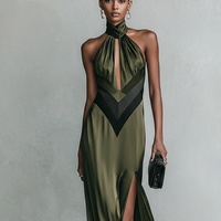 Women's Olive Green Satin Halter Maxi Dress With Keyhole Cutout & Chevron Detail, Timeless Formal Evening Gown MDZ2876D6LYL