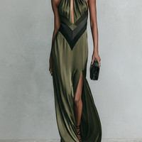 Women's Olive Green Satin Halter Maxi Dress With Keyhole Cutout & Chevron Detail, Timeless Formal Evening Gown MDZ2876D6LYL