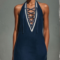 Women’s Navy Blue Linen-Blend Halter Neck Maxi Dress With Lace-Up Front & Contrast Trim MDZ2822D1T