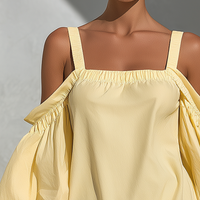 Women’s Yellow Cotton-Linen Blend Off-Shoulder Puff Sleeve Top With Square Neckline MDZ2847D1T