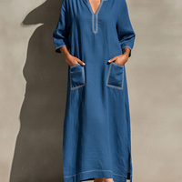 Women's Blue Linen-Blend Caftan Dress With Notch Neck & Side Slits, Timeless Casual Beach Cover-Up MDZ2898D9LYL