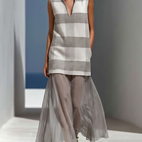 Women’s Grey Plaid Sleeveless Tunic Top & Sheer Chiffon Maxi Skirt Two-Piece Set MDZ2824D9T