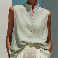 Women’s Mint Green Sleeveless Stand-Collar Linen Shirt & Beige Pleated Wide-Leg Shorts Two-Piece Set MDZ2848D9T