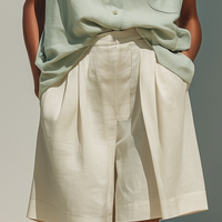 Women’s Mint Green Sleeveless Stand-Collar Linen Shirt & Beige Pleated Wide-Leg Shorts Two-Piece Set MDZ2848D9T
