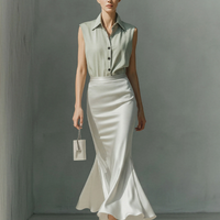Women’s Sage Green Sleeveless Collared Shirt & Ivory Satin Mermaid Midi Skirt Two-Piece Set MDZ2812D0T
