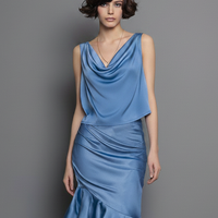 Women's Elegant & Minimalist Satin Cowl-Neck Sleeveless Blouse And Hip-Hugging Fishtail Skirt With Asymmetrical Hem MDZ2845D3Y