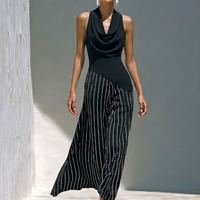 Women’s Black Cowl Neck Sleeveless Top & Black-and-White Striped Skirts Two-Piece Set MDZ2818D1T