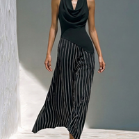 Women’s Black Cowl Neck Sleeveless Top & Black-and-White Striped Skirts Two-Piece Set MDZ2818D1T