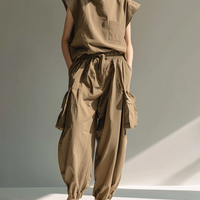 Women's Minimalist Utility-Style Cotton-Linen Set: Loose-Fit Stand-Collar Top & Cargo Pants MDZ2791D4ZJW