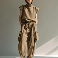 Women's Minimalist Utility-Style Cotton-Linen Set: Loose-Fit Stand-Collar Top & Cargo Pants MDZ2791D4ZJW
