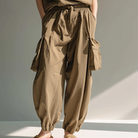 Women's Minimalist Utility-Style Cotton-Linen Set: Loose-Fit Stand-Collar Top & Cargo Pants MDZ2791D4ZJW