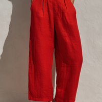 Women’s White Sleeveless Floral Embroidered Linen Top & Red High-Waisted Wide-Leg Pants Two-Piece Set MDZ2803D3T