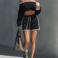Women's Athleisure White Trim Set: Off-Shoulder Long-Sleeve Cropped Sweatshirt & Drawstring Shorts MDZ2844D5Y