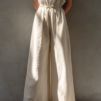 Women's Minimalist Loose-Fit White Cotton-Linen Sleeveless Crew-Neck Wide-Leg Jumpsuit MDZ2702D6ZJW