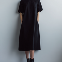 Women's Casual Minimalist Black Poly-Cotton Midi Dress — Short Sleeve, Crew Neck, Cutout Design MDZ2787D4ZJW