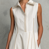 Women's Simple White Cotton Linen Sleeveless A-Line Midi Dress With Contrasting Stitching MDZ2487D7GMJ