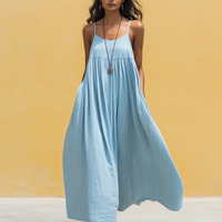 Women's Minimalist Vacation-Style Blue Cotton-Linen Ankle-Length Strappy Dress MDZ2881D3ZJW