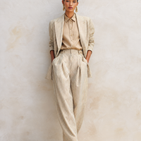 Women's Vintage-Style Simple & Elegant Cotton-Linen Suit Set — Khaki Striped, Peak Lapel, Long Sleeve Jacket & Trousers MDZ2833D0ZJW