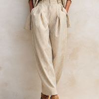 Women's Vintage-Style Simple & Elegant Cotton-Linen Suit Set — Khaki Striped, Peak Lapel, Long Sleeve Jacket & Trousers MDZ2833D0ZJW