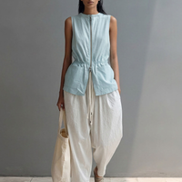 Women’s Minimalist Light Blue Cotton Blend Sleeveless Vest With Metal Double-Ended Zipper And Fitted Waist MDZ2889D2GMJ