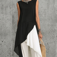 Women's Fashionable Black And White Color-Blocked Cotton Blend Chiffon Patchwork Sleeveless Long Top With Asymmetrical Hem MDZ2813D8GMJ