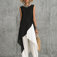Women's Fashionable Black And White Color-Blocked Cotton Blend Chiffon Patchwork Sleeveless Long Top With Asymmetrical Hem MDZ2813D8GMJ