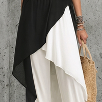Women's Fashionable Black And White Color-Blocked Cotton Blend Chiffon Patchwork Sleeveless Long Top With Asymmetrical Hem MDZ2813D8GMJ