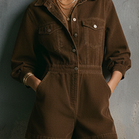 Women's Vintage Style Brown Washed Denim Metal Button Waist-Tailored Collared Long-Sleeve Short Jumpsuit MDZ2889D8GMJ