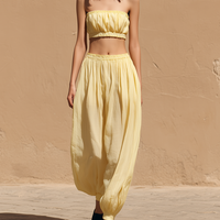Women's Minimalist Casual Vacation-Style Yellow Cotton-Linen Tapered Trousers MDZ2949D1ZJW