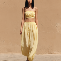 Women's Minimalist Casual Vacation-Style Yellow Cotton-Linen Tapered Trousers MDZ2949D1ZJW