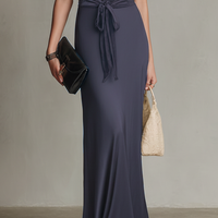 Women's Navy Blue Jersey Halter Maxi Dress With Deep V-Neck & Waist Tie, Timeless Elegant Evening Gown MDZ2931D6LYL