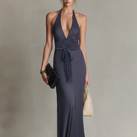 Women's Navy Blue Jersey Halter Maxi Dress With Deep V-Neck & Waist Tie, Timeless Elegant Evening Gown MDZ2931D6LYL