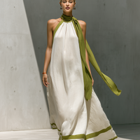 Women’s White Linen-Blend Halter Neck Maxi Dress With Green Contrast Trim & Tie Detail MDZ2932D3T