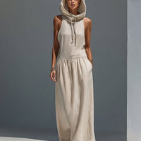 Women’s Beige Linen-Blend Sleeveless Hooded Maxi Dress MDZ2928D2T