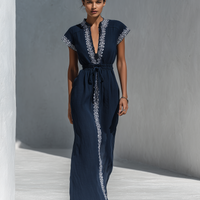 Women’s Navy Blue Linen-Blend Maxi Dress With White Contrast Embroidery & Drawstring Waist MDZ2935D1T