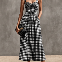 Women's Black & White Gingham Cotton Maxi Dress With Sweetheart Neck & Matching Choker, Timeless Retro Casual Dress MDZ2908D7LYL