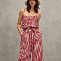 Women's Casual Red & White Striped Print Woven Jumpsuit — Sleeveless, Spaghetti Strap, Full-Length MDZ2920D1LXY
