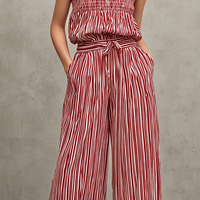 Women's Casual Red & White Striped Print Woven Jumpsuit — Sleeveless, Spaghetti Strap, Full-Length MDZ2920D1LXY