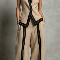 Women's Casual Brown Cotton-Linen V-Neck Sleeveless Vest And Trousers Set MDZ2993D6LXY