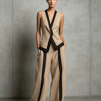 Women's Casual Brown Cotton-Linen V-Neck Sleeveless Vest And Trousers Set MDZ2993D6LXY