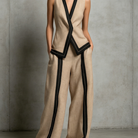 Women's Casual Brown Cotton-Linen V-Neck Sleeveless Vest And Trousers Set MDZ2993D6LXY