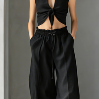 Women's Casual Black Cotton-Linen Sleeveless Top With Tie-Front Detail (Lined) — Paired With Trousers MDZ2987D0LXY