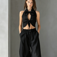 Women's Casual Black Cotton-Linen Sleeveless Top With Tie-Front Detail (Lined) — Paired With Trousers MDZ2987D0LXY