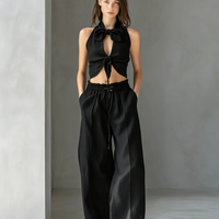 Women's Casual Black Cotton-Linen Sleeveless Top With Tie-Front Detail (Lined) — Paired With Trousers MDZ2987D0LXY