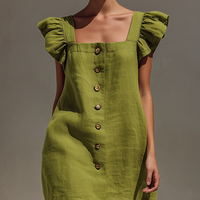 Women’s Olive Green Linen-Blend Square Neck Mini Dress With Ruffled Cap Sleeves & Button Front MDZ2986D8T