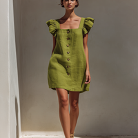 Women’s Olive Green Linen-Blend Square Neck Mini Dress With Ruffled Cap Sleeves & Button Front MDZ2986D8T